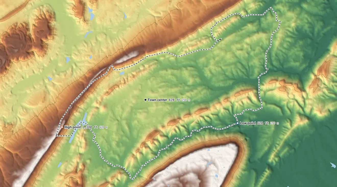 Topographic elevation map of Gallant, Alabama, shaded from 620 ft on the east side to 1,380 ft on Buzzard Rock