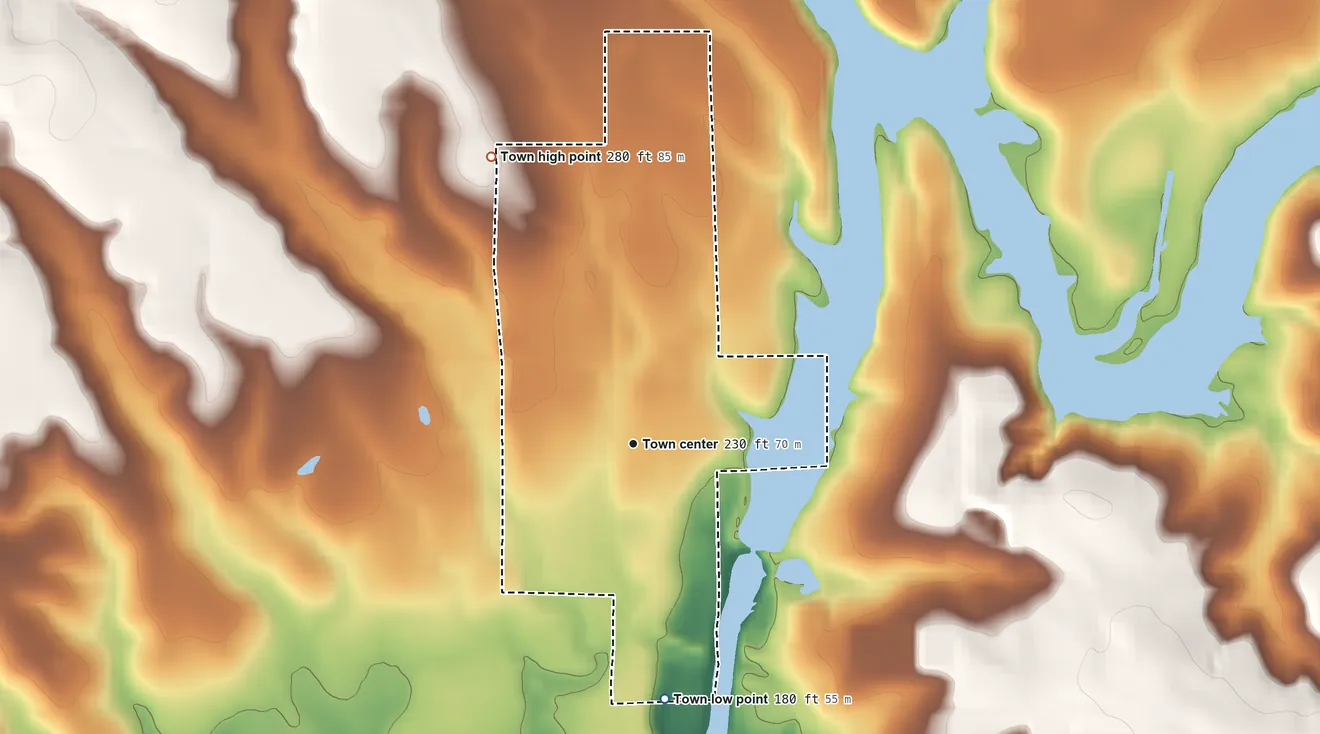 Topographic elevation map of Gantt, Alabama, shaded from 180 ft on the south side to 280 ft on the northwest side