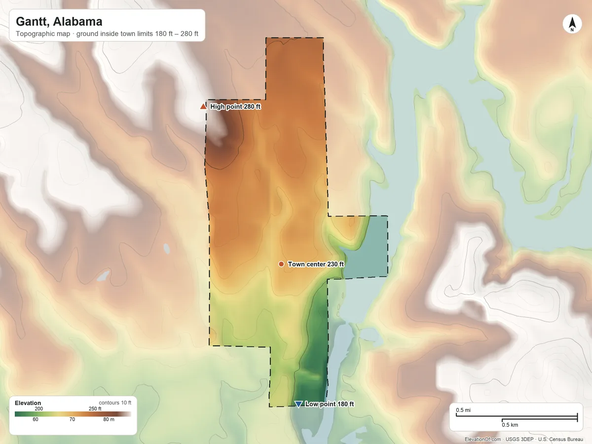 Topographic elevation map of Gantt, Alabama, shaded from 180 ft on the south side to 280 ft on the northwest side