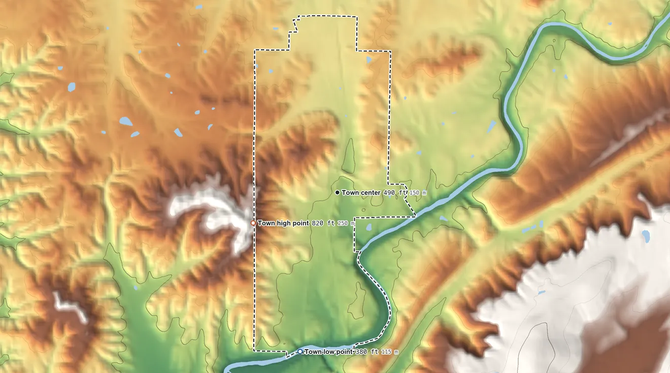 Topographic elevation map of Garden City, Alabama, shaded from 380 ft on the south side to 820 ft on the west edge, below higher ground just outside