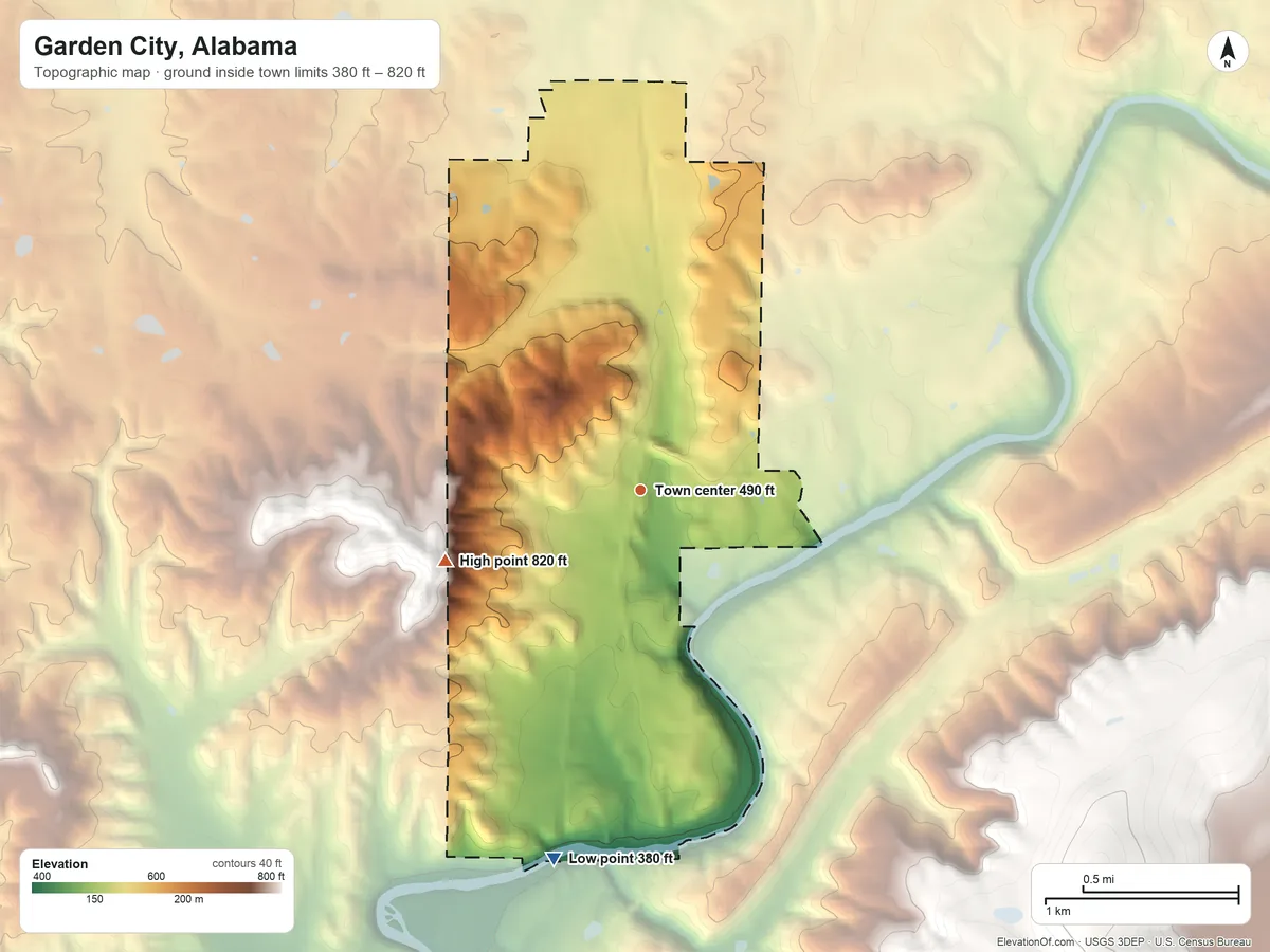 Topographic elevation map of Garden City, Alabama, shaded from 380 ft on the south side to 820 ft on the west edge, below higher ground just outside