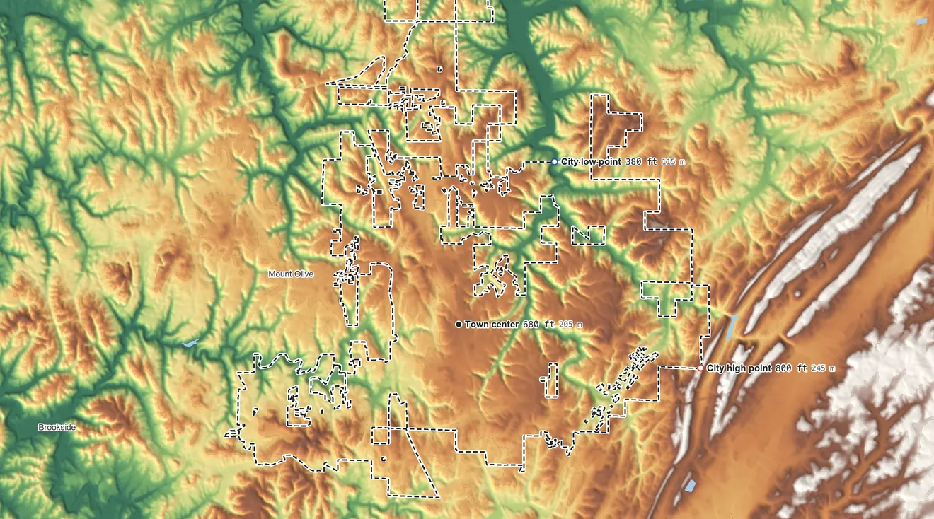 Topographic elevation map of Gardendale, Alabama, shaded from 380 ft on the northeast side to 800 ft on the east side