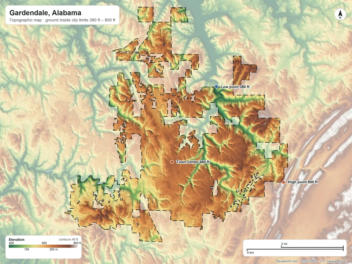 Topographic elevation map of Gardendale, Alabama, shaded from 380 ft on the northeast side to 800 ft on the east side