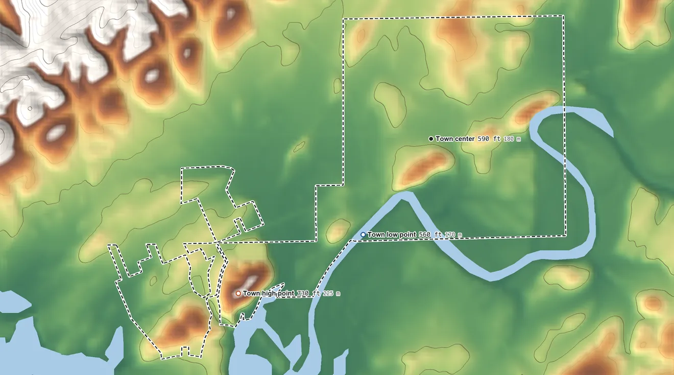 Topographic elevation map of Gaylesville, Alabama, shaded from 560 ft on the southwest side to 730 ft on the southwest edge, below higher ground just outside