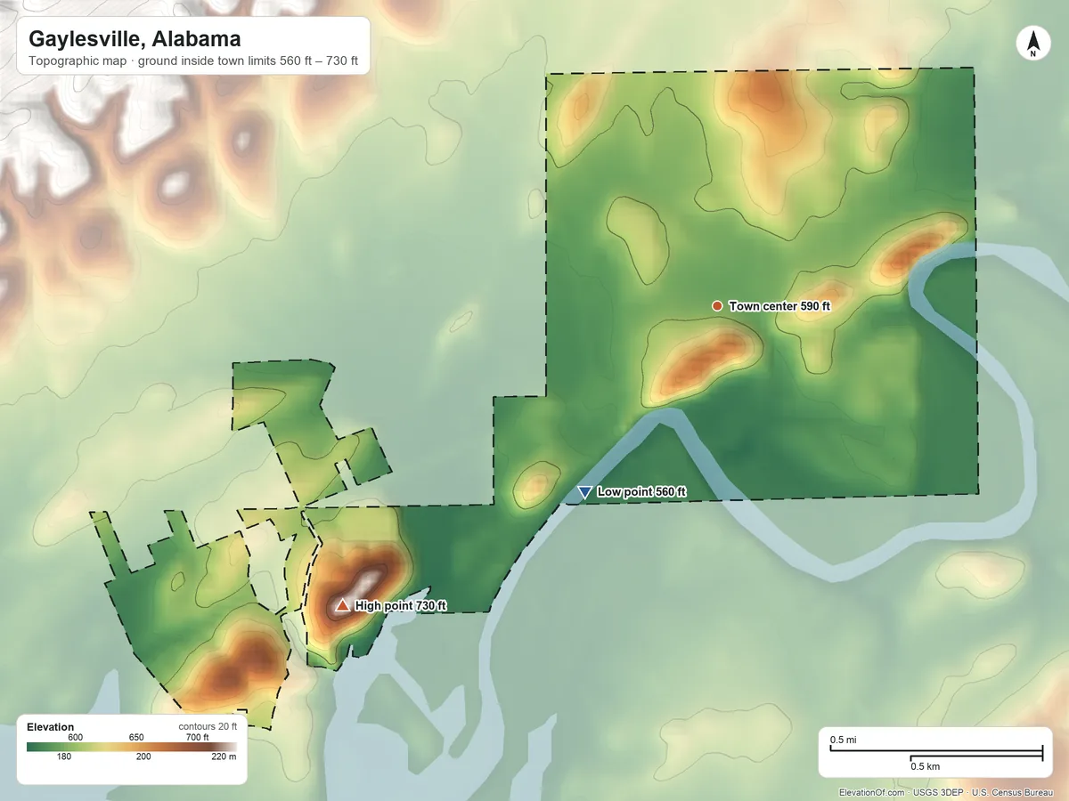 Topographic elevation map of Gaylesville, Alabama, shaded from 560 ft on the southwest side to 730 ft on the southwest edge, below higher ground just outside