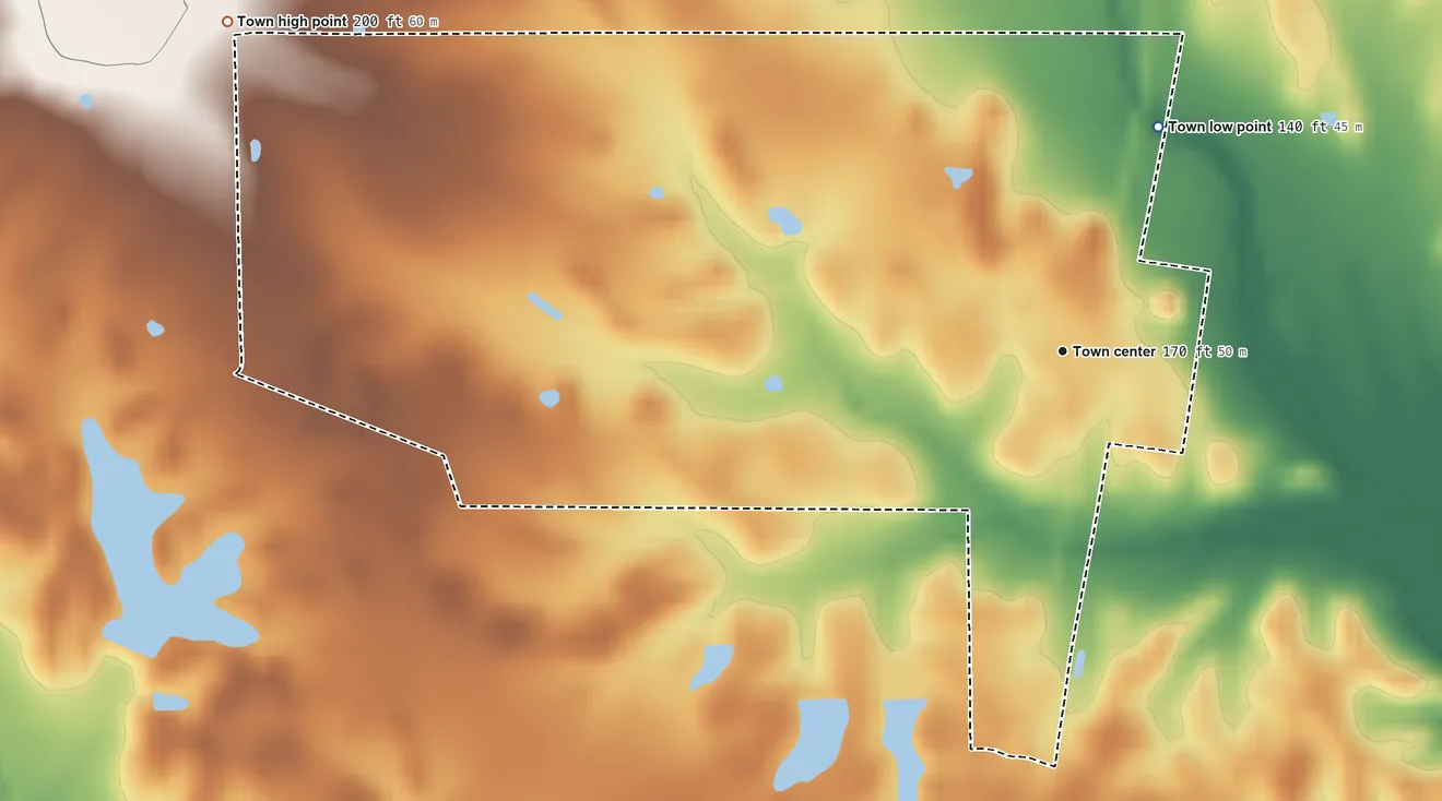 Topographic elevation map of Geiger, Alabama, shaded from 140 ft on the northeast side to 200 ft on the west side