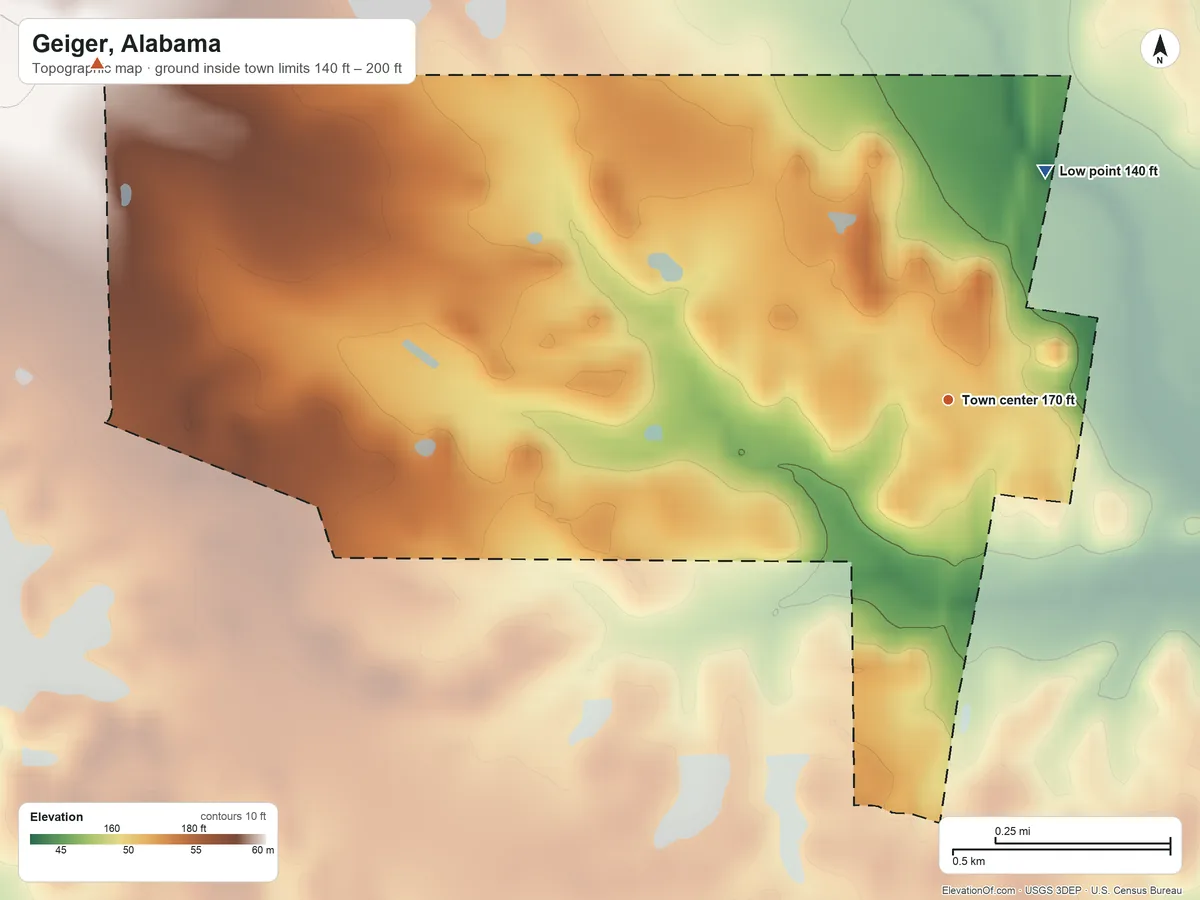 Topographic elevation map of Geiger, Alabama, shaded from 140 ft on the northeast side to 200 ft on the west side
