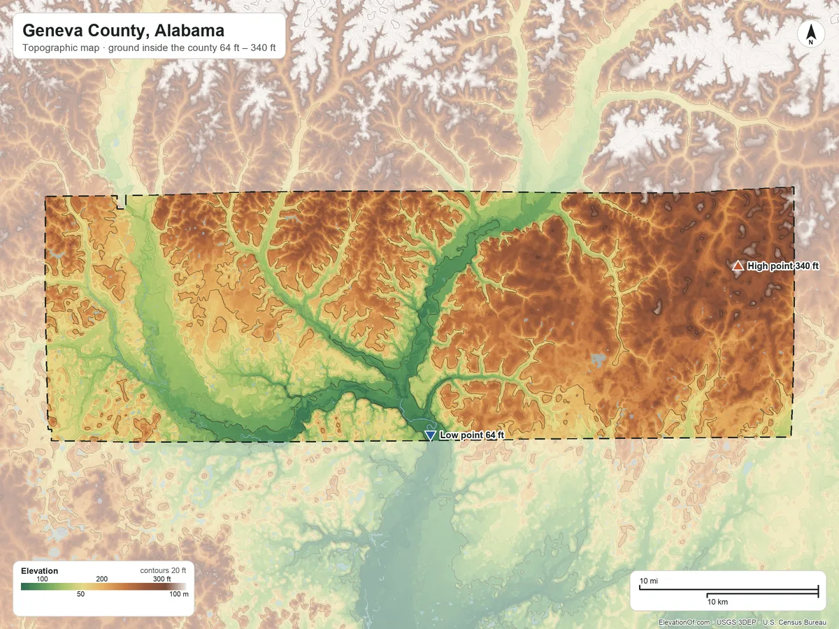Topographic elevation map of Geneva County, Alabama, shaded from 64 ft on the south side to 340 ft on the east side