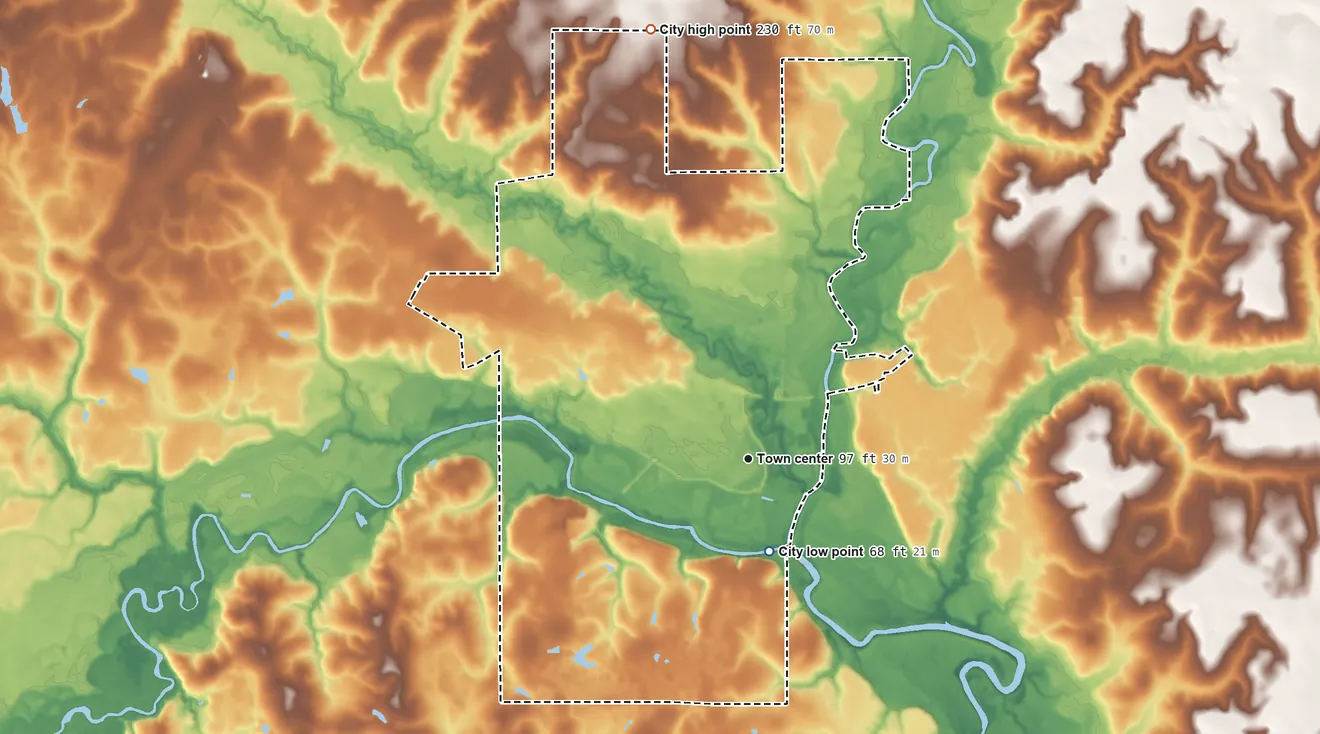 Topographic elevation map of Geneva, Alabama, shaded from 68 ft on the south side to 230 ft on the north side