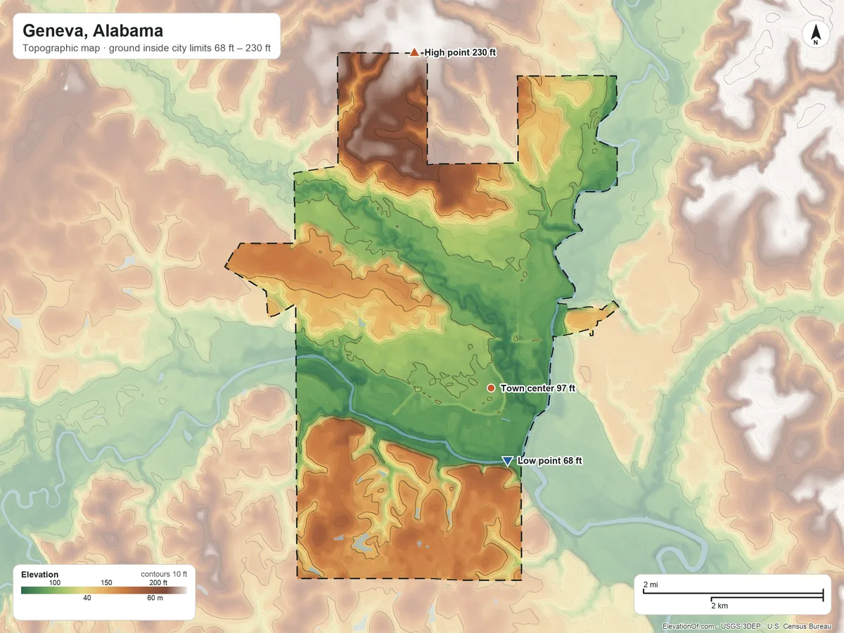 Topographic elevation map of Geneva, Alabama, shaded from 68 ft on the south side to 230 ft on the north side