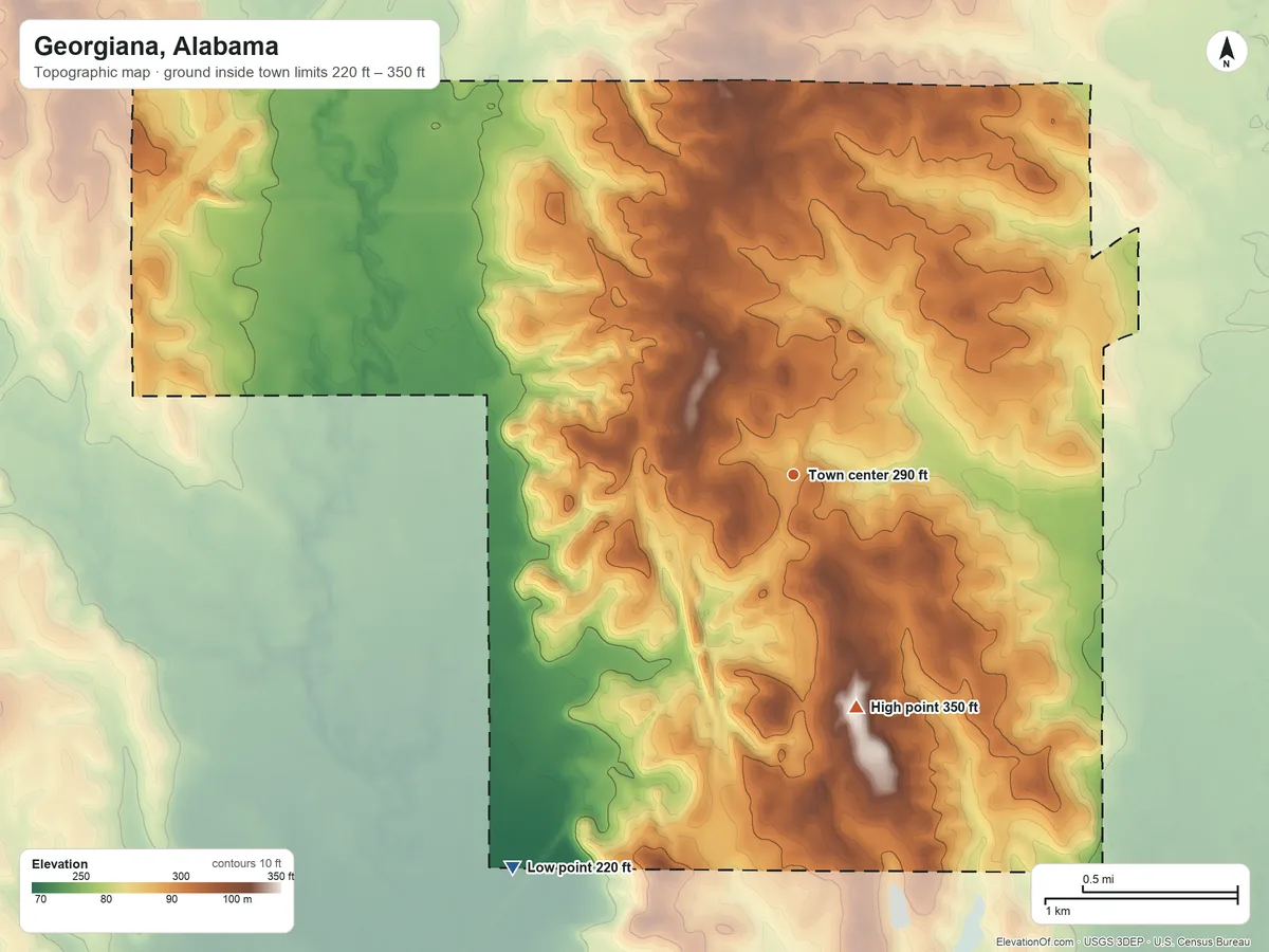 Topographic elevation map of Georgiana, Alabama, shaded from 220 ft on the southwest side to 350 ft on the south side