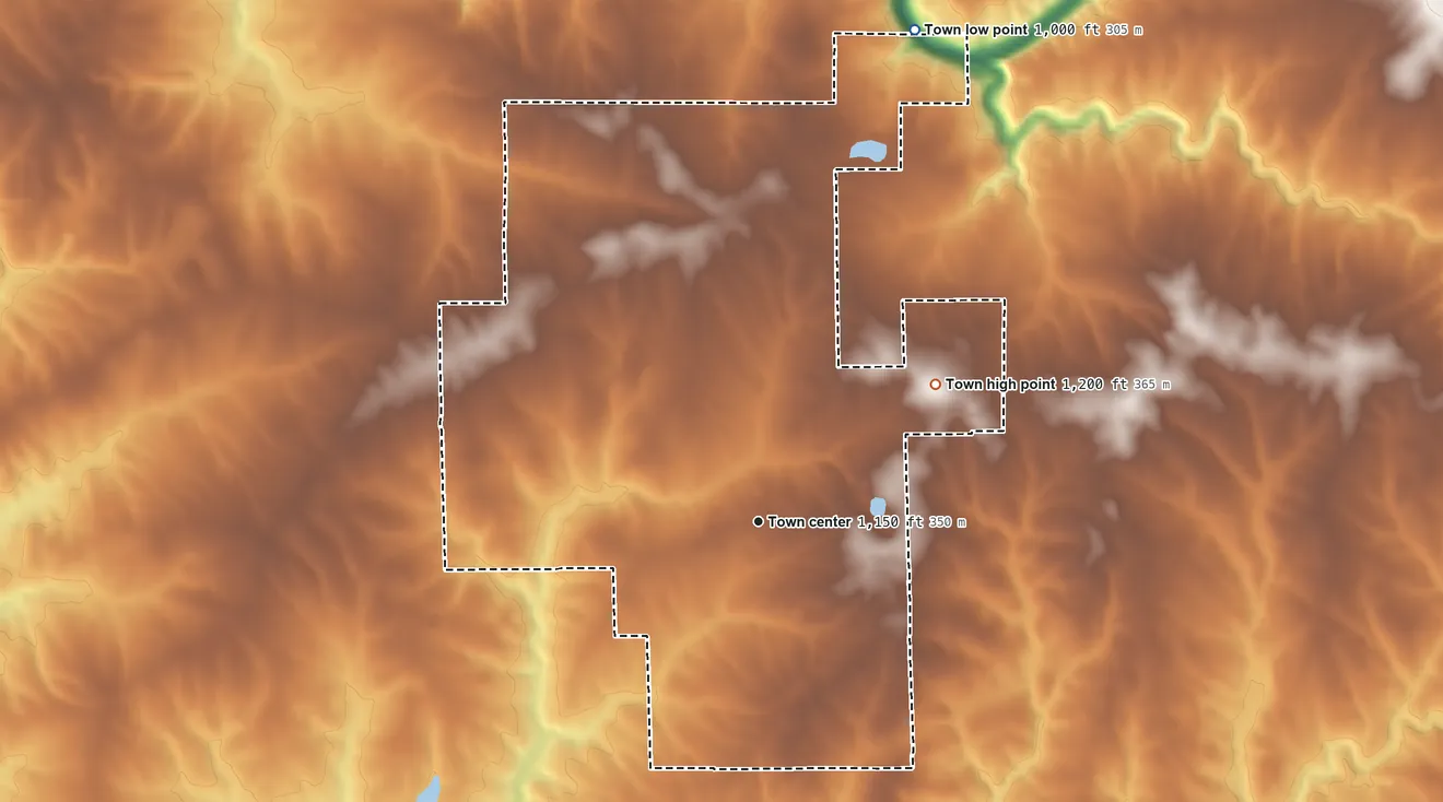 Topographic elevation map of Geraldine, Alabama, shaded from 1,000 ft on the north side to 1,200 ft on the northeast side
