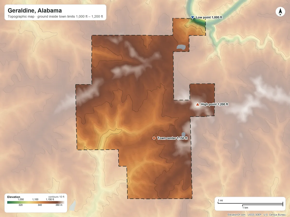 Topographic elevation map of Geraldine, Alabama, shaded from 1,000 ft on the north side to 1,200 ft on the northeast side
