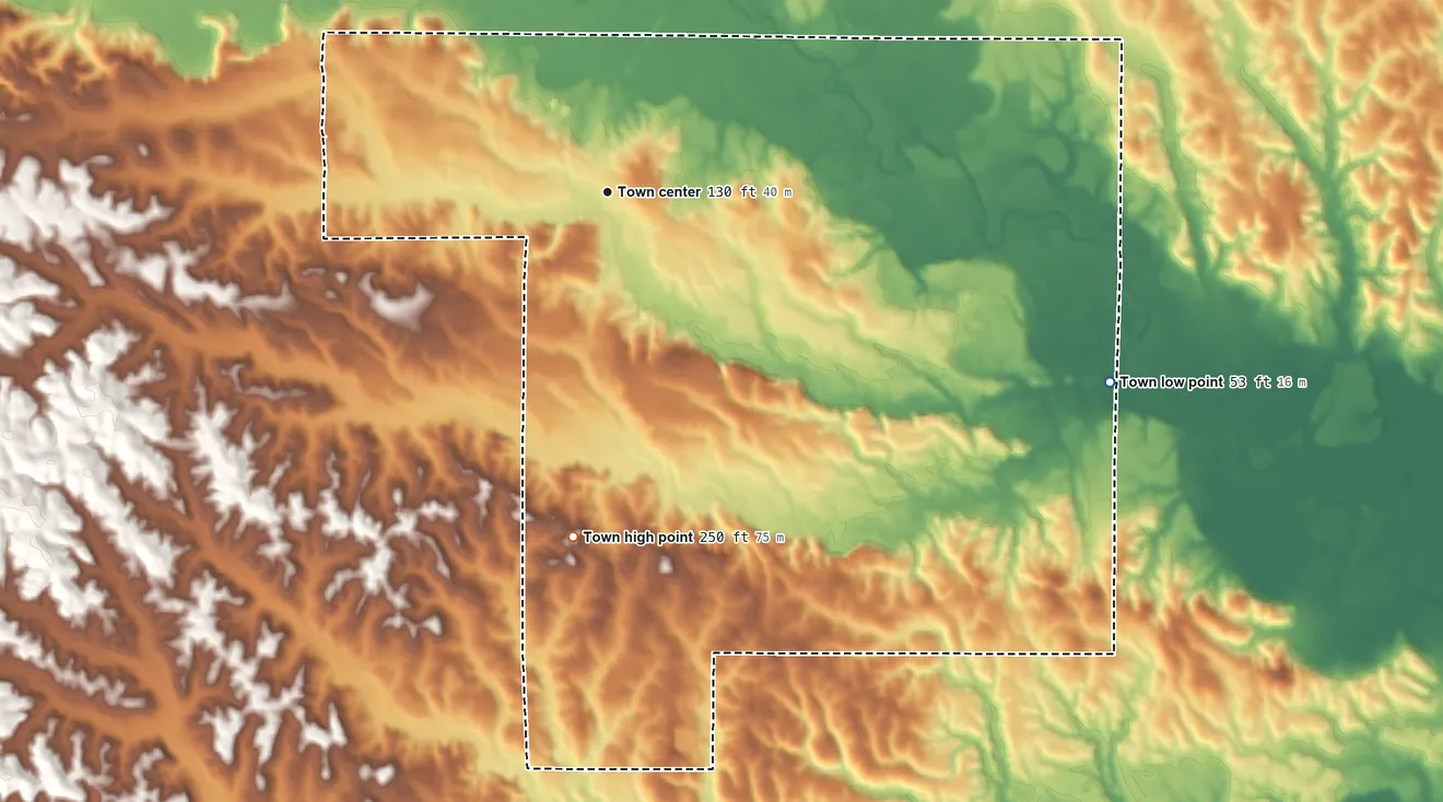 Topographic elevation map of Gilbertown, Alabama, shaded from 53 ft on the east side to 250 ft on the south side