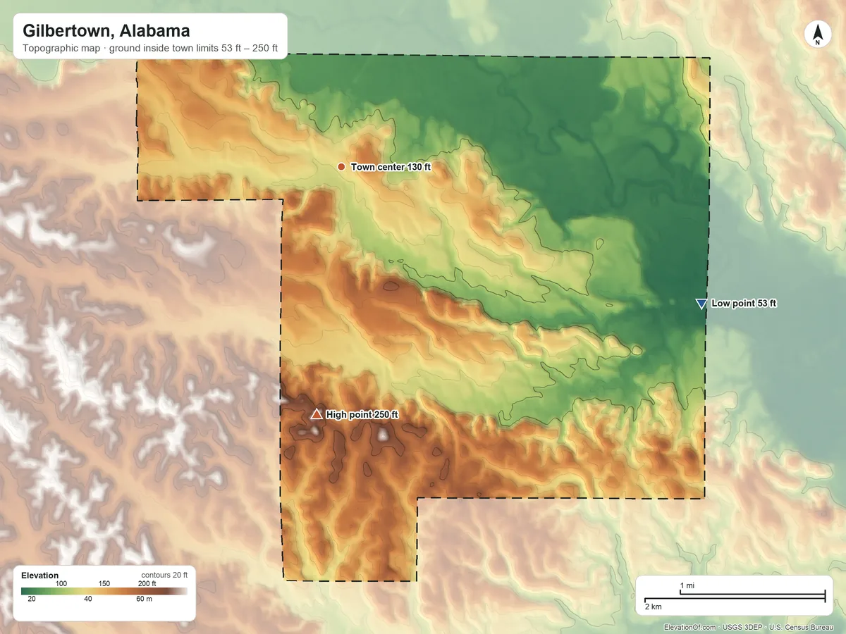 Topographic elevation map of Gilbertown, Alabama, shaded from 53 ft on the east side to 250 ft on the south side