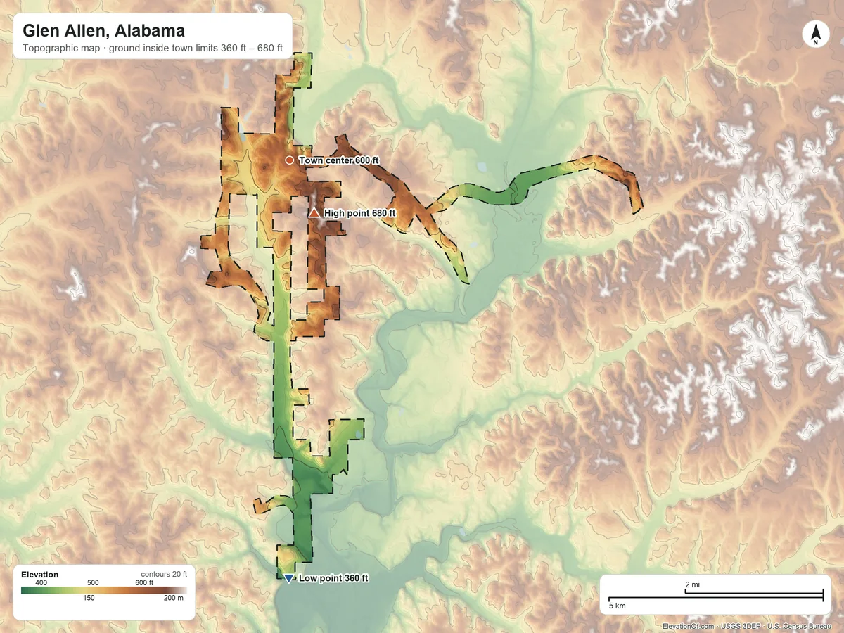 Topographic elevation map of Glen Allen, Alabama, shaded from 360 ft on the south side to 680 ft near the middle