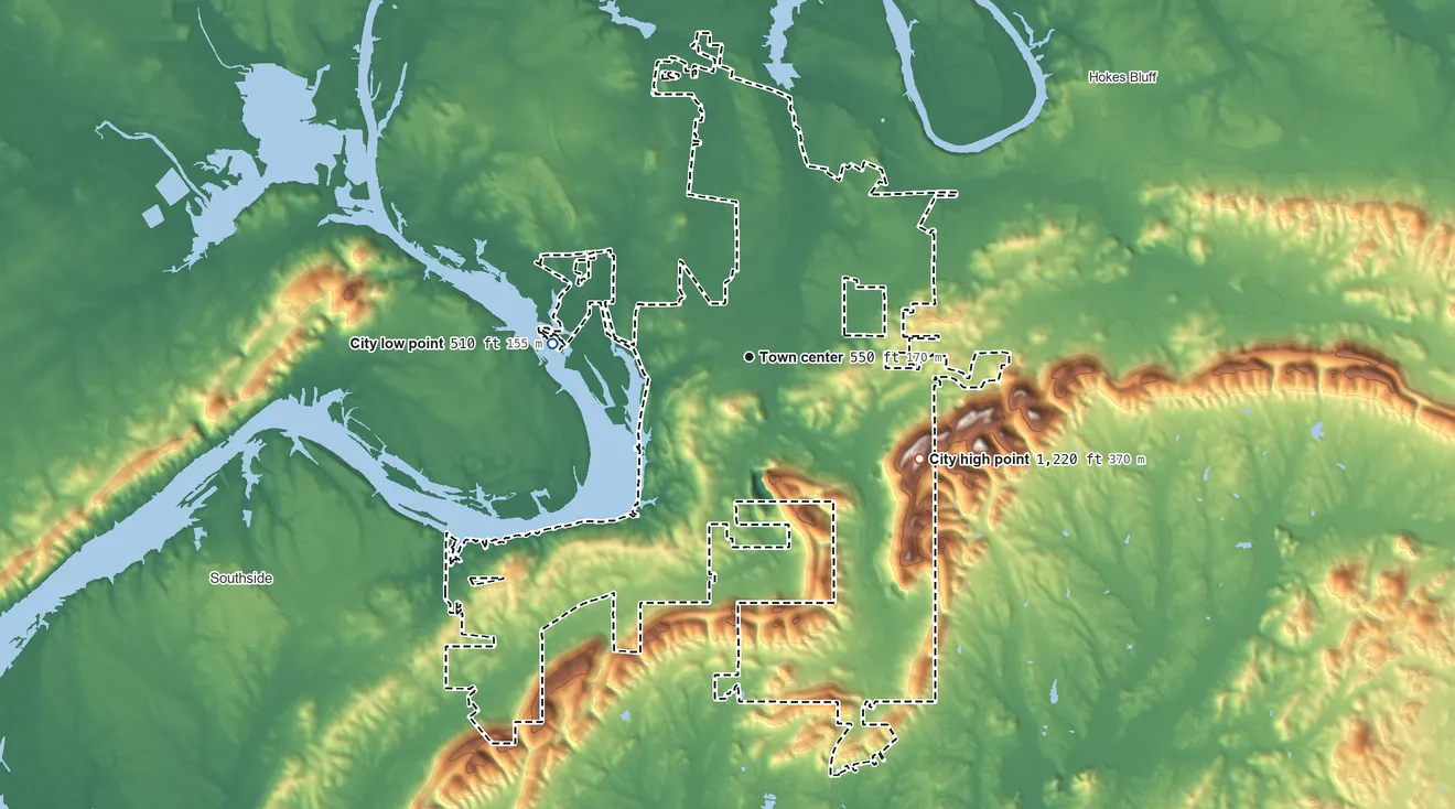 Topographic elevation map of Glencoe, Alabama, shaded from 510 ft on the west side to 1,220 ft on the southeast side