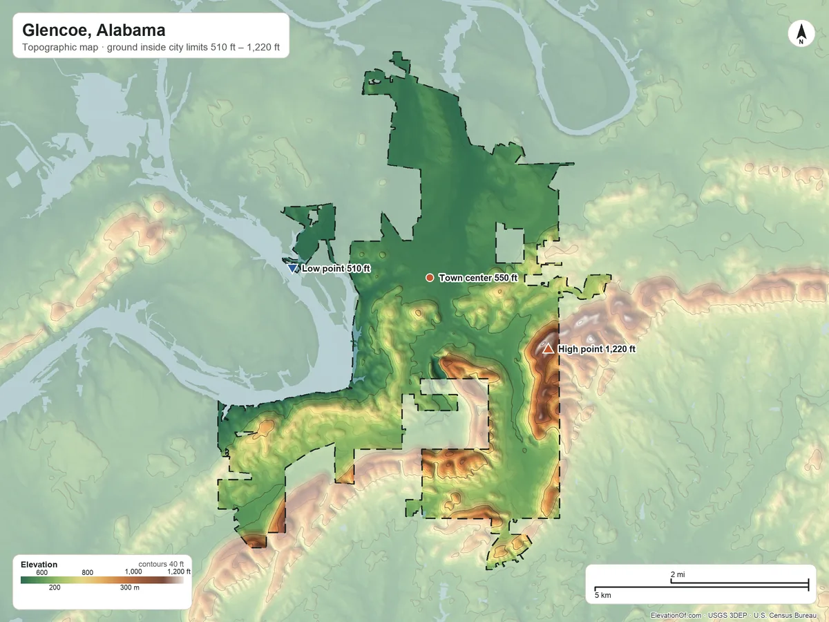 Topographic elevation map of Glencoe, Alabama, shaded from 510 ft on the west side to 1,220 ft on the southeast side