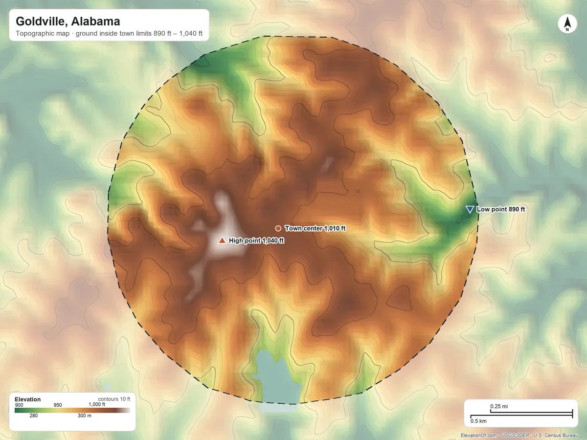 Topographic elevation map of Goldville, Alabama, shaded from 890 ft on the east side to 1,040 ft on the west side