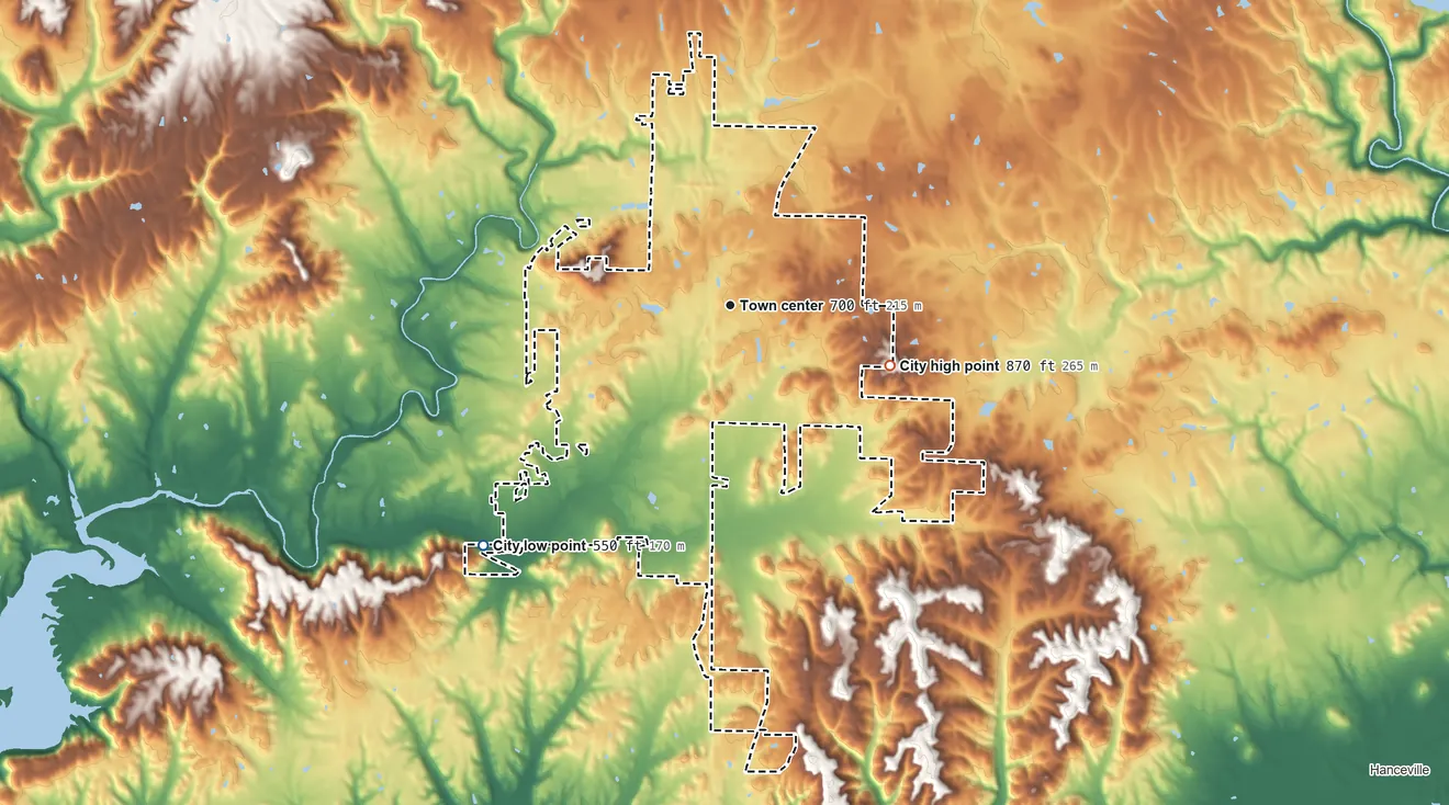 Topographic elevation map of Good Hope, Alabama, shaded from 550 ft on the southwest side to 870 ft on the east side