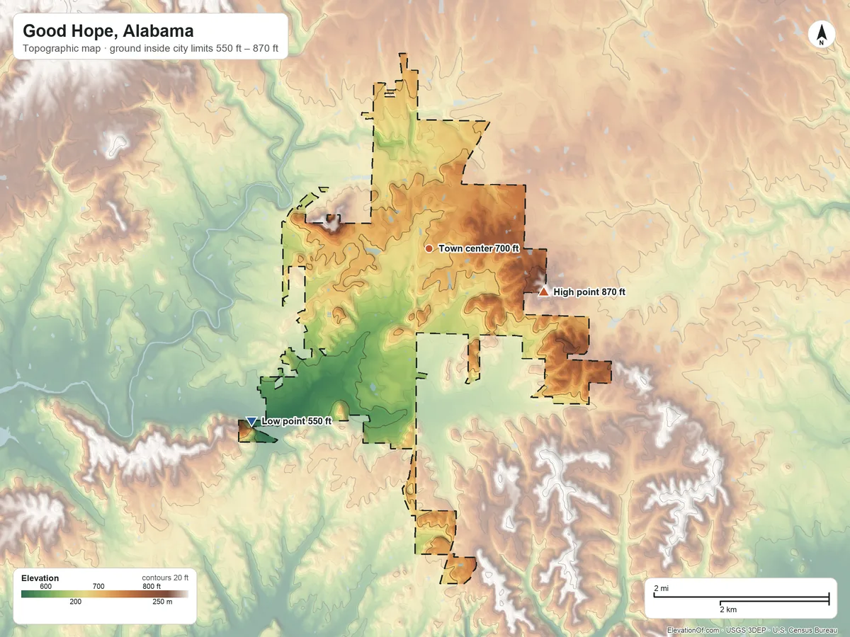 Topographic elevation map of Good Hope, Alabama, shaded from 550 ft on the southwest side to 870 ft on the east side