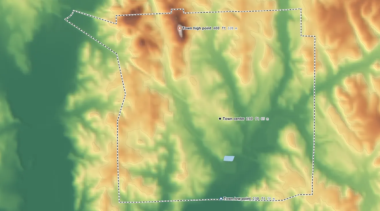 Topographic elevation map of Gordo, Alabama, shaded from 230 ft on the south side to 400 ft on the northwest side