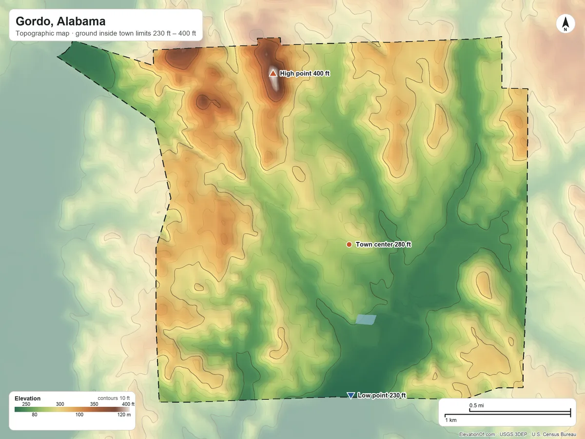 Topographic elevation map of Gordo, Alabama, shaded from 230 ft on the south side to 400 ft on the northwest side