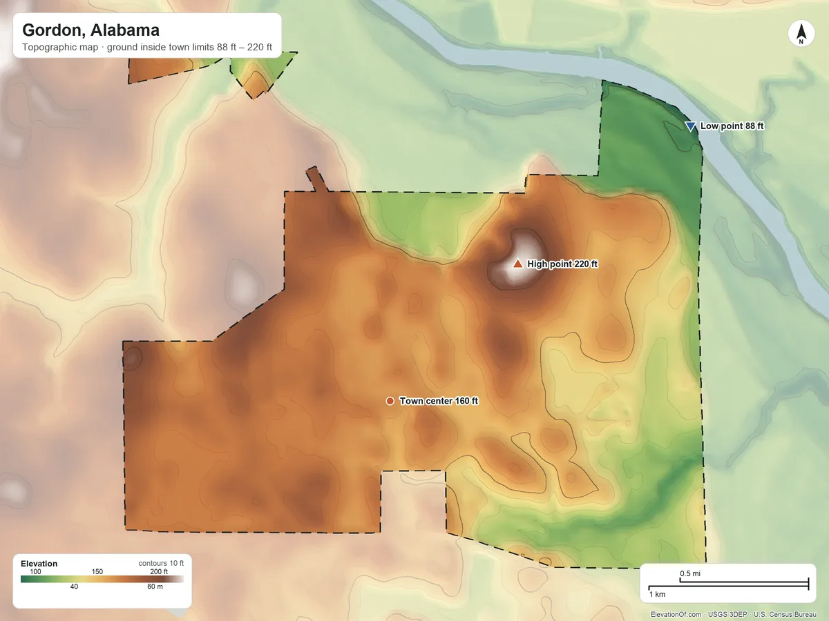 Topographic elevation map of Gordon, Alabama, shaded from 88 ft on the northeast side to 220 ft on the northeast side