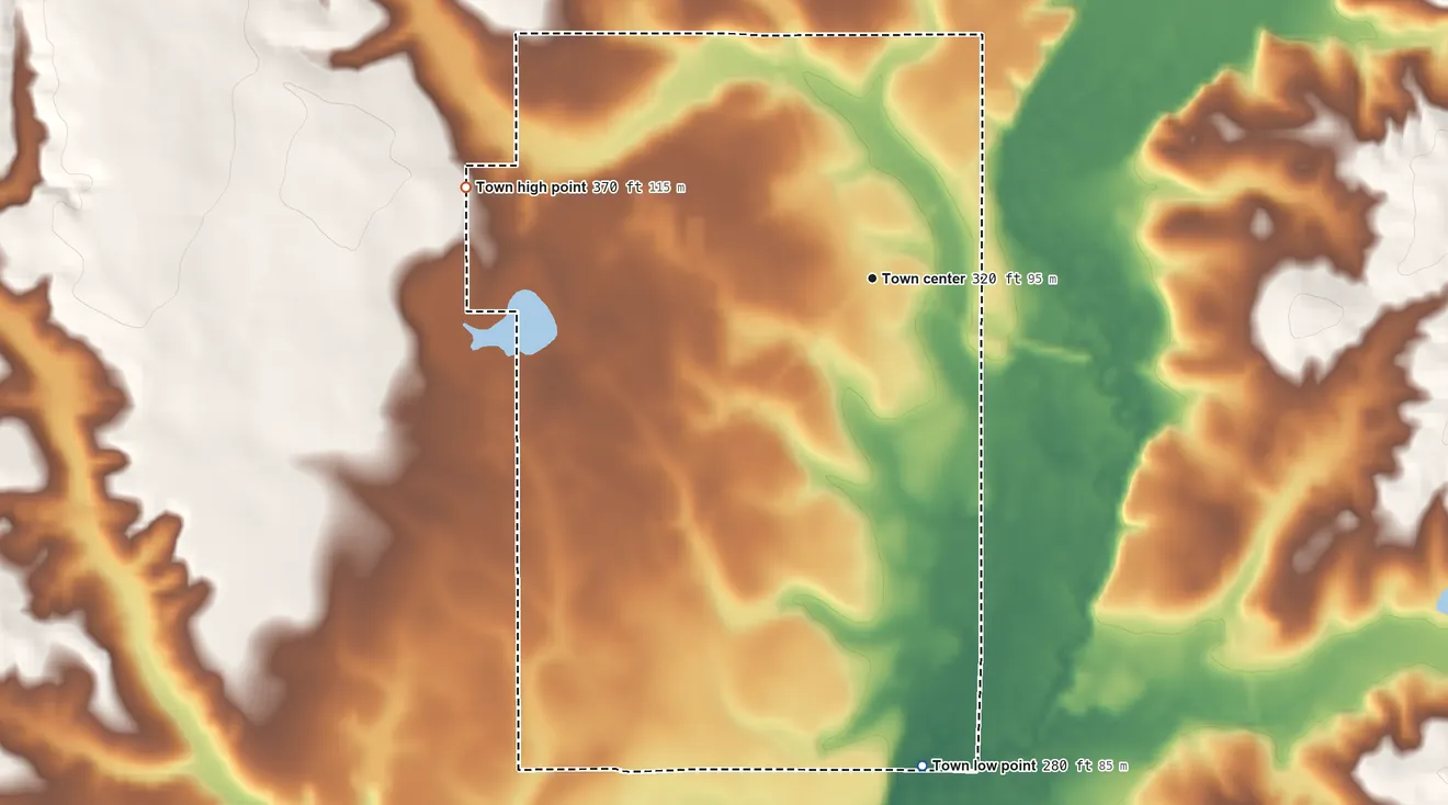 Topographic elevation map of Goshen, Alabama, shaded from 280 ft on the south side to 370 ft on the west side