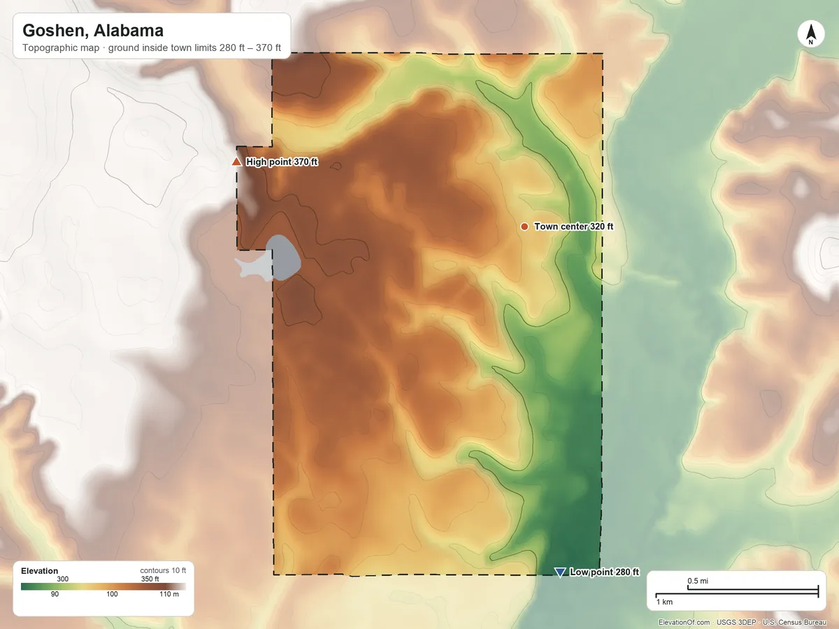 Topographic elevation map of Goshen, Alabama, shaded from 280 ft on the south side to 370 ft on the west side