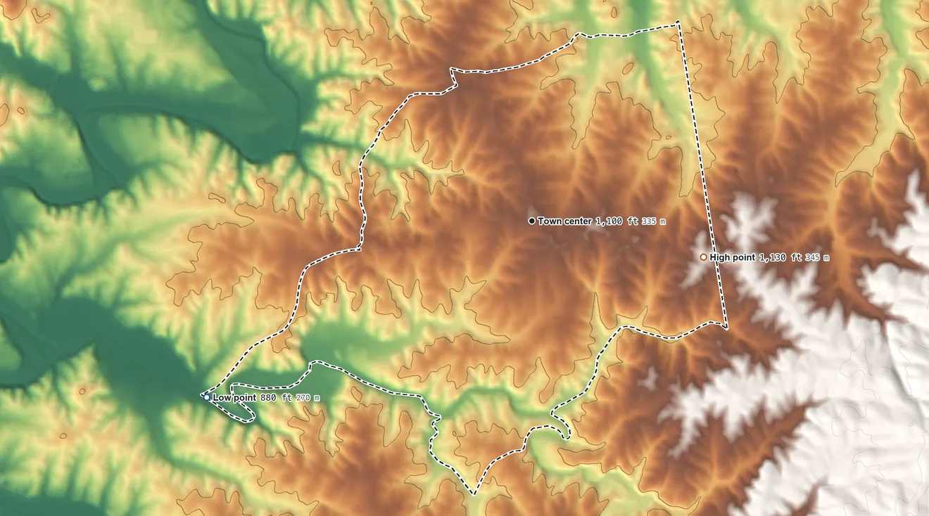 Topographic elevation map of Graham, Alabama, shaded from 880 ft on the southwest side to 1,130 ft on the east side