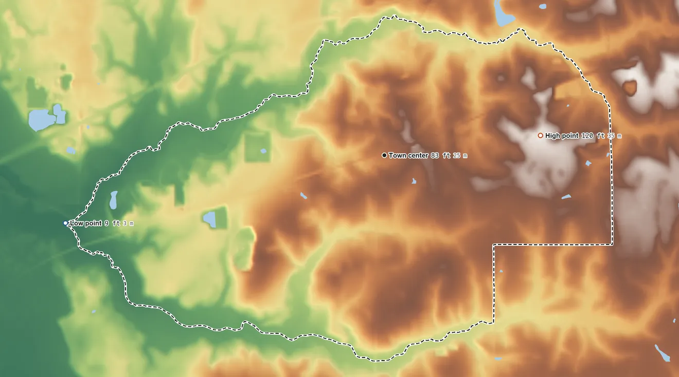 Topographic elevation map of Grand Bay, Alabama, shaded from 9 ft on the west side to 120 ft on the east side