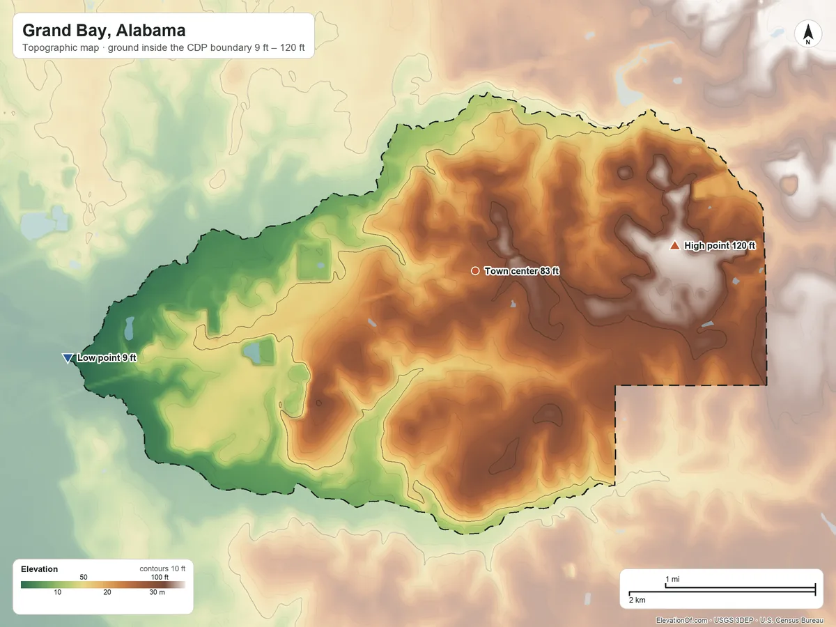 Topographic elevation map of Grand Bay, Alabama, shaded from 9 ft on the west side to 120 ft on the east side