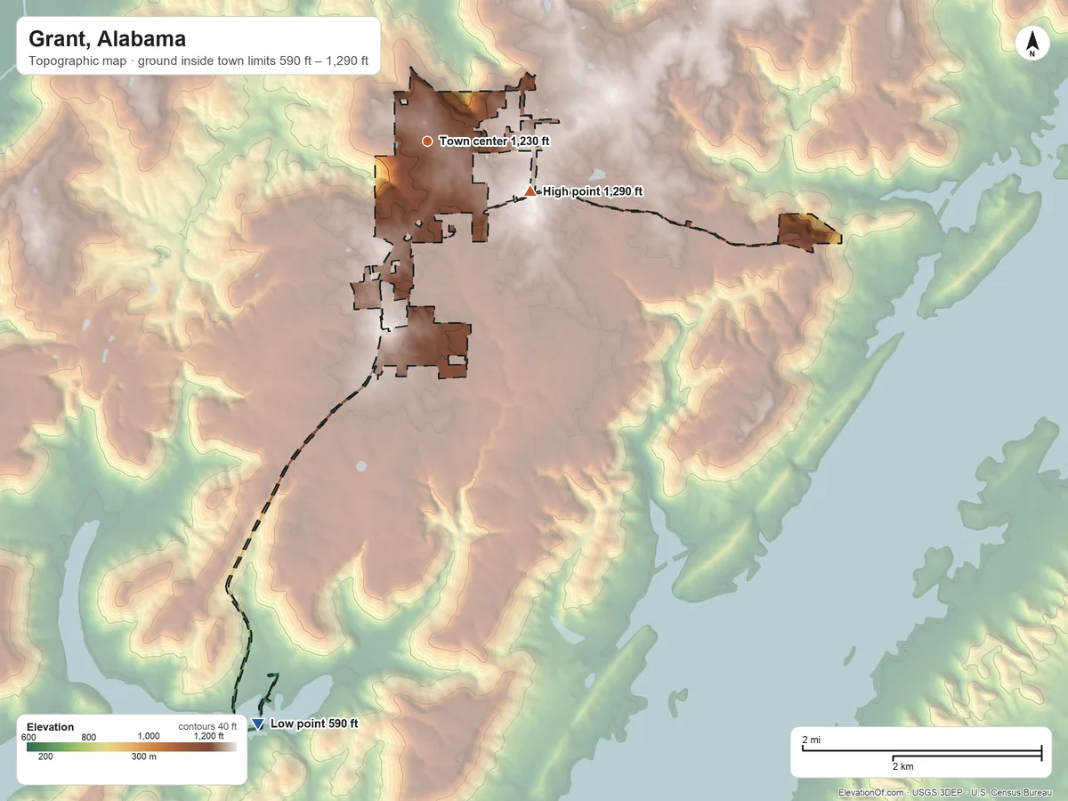 Topographic elevation map of Grant, Alabama, shaded from 590 ft on the south side to 1,290 ft on the southeast side