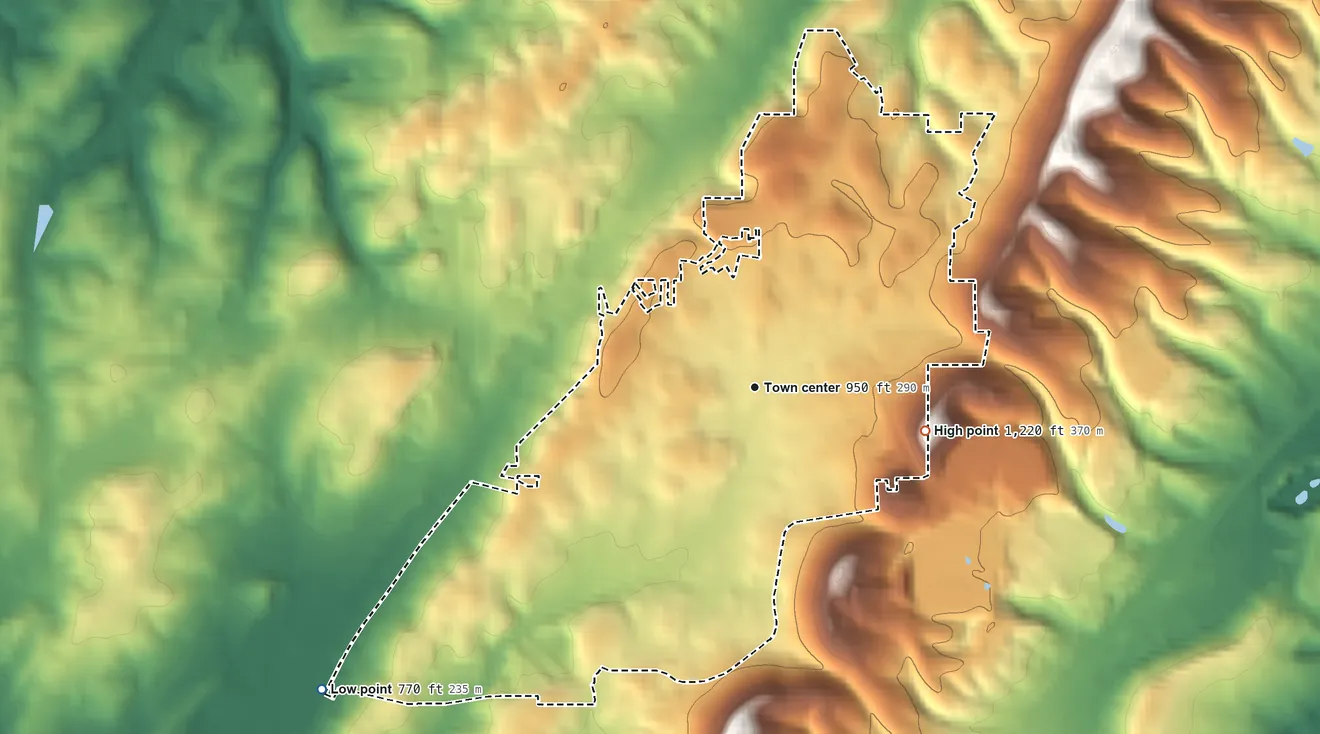 Topographic elevation map of Grayson Valley, Alabama, shaded from 770 ft on the southwest side to 1,220 ft on the east side
