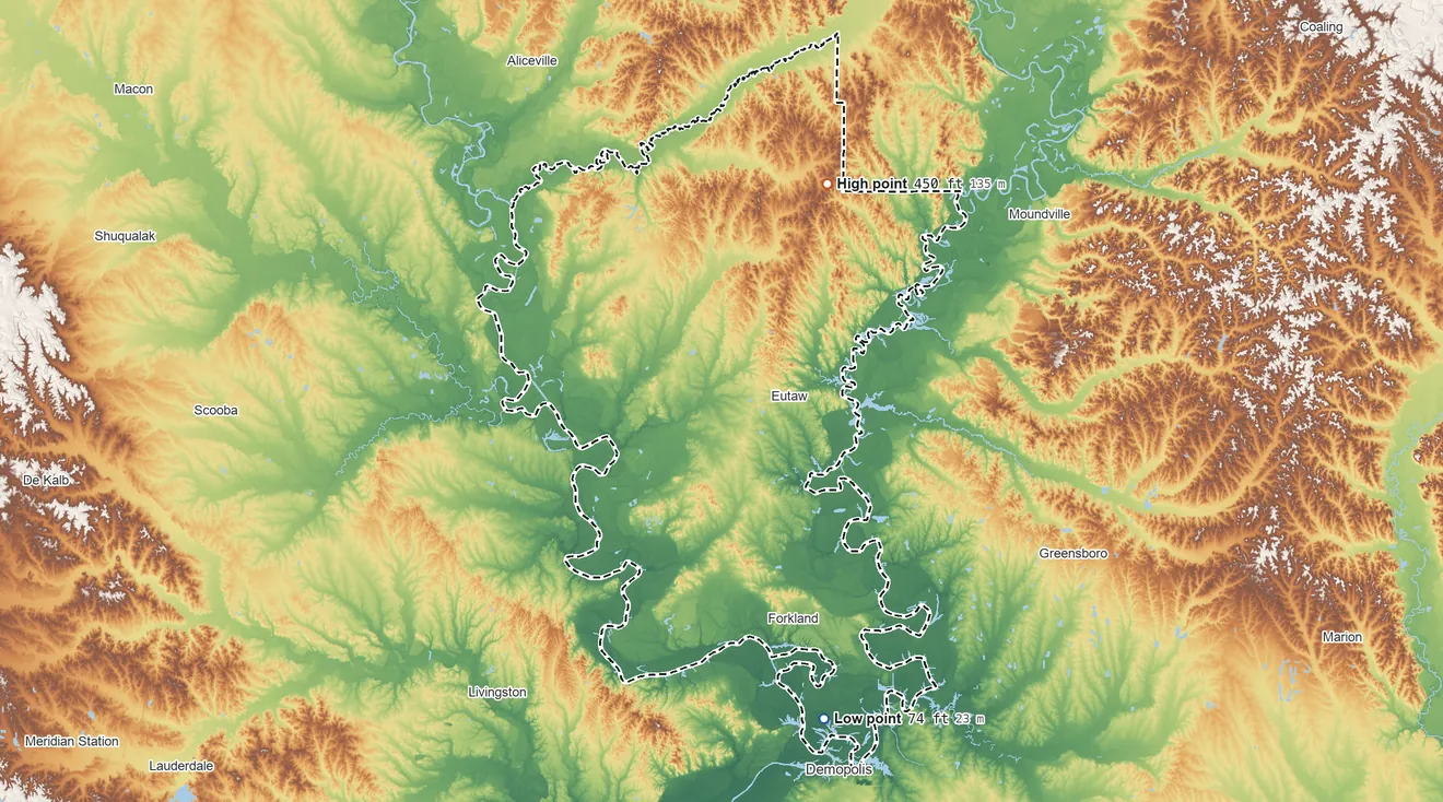 Topographic elevation map of Greene County, Alabama, shaded from 74 ft on the south side to 450 ft on the northeast side
