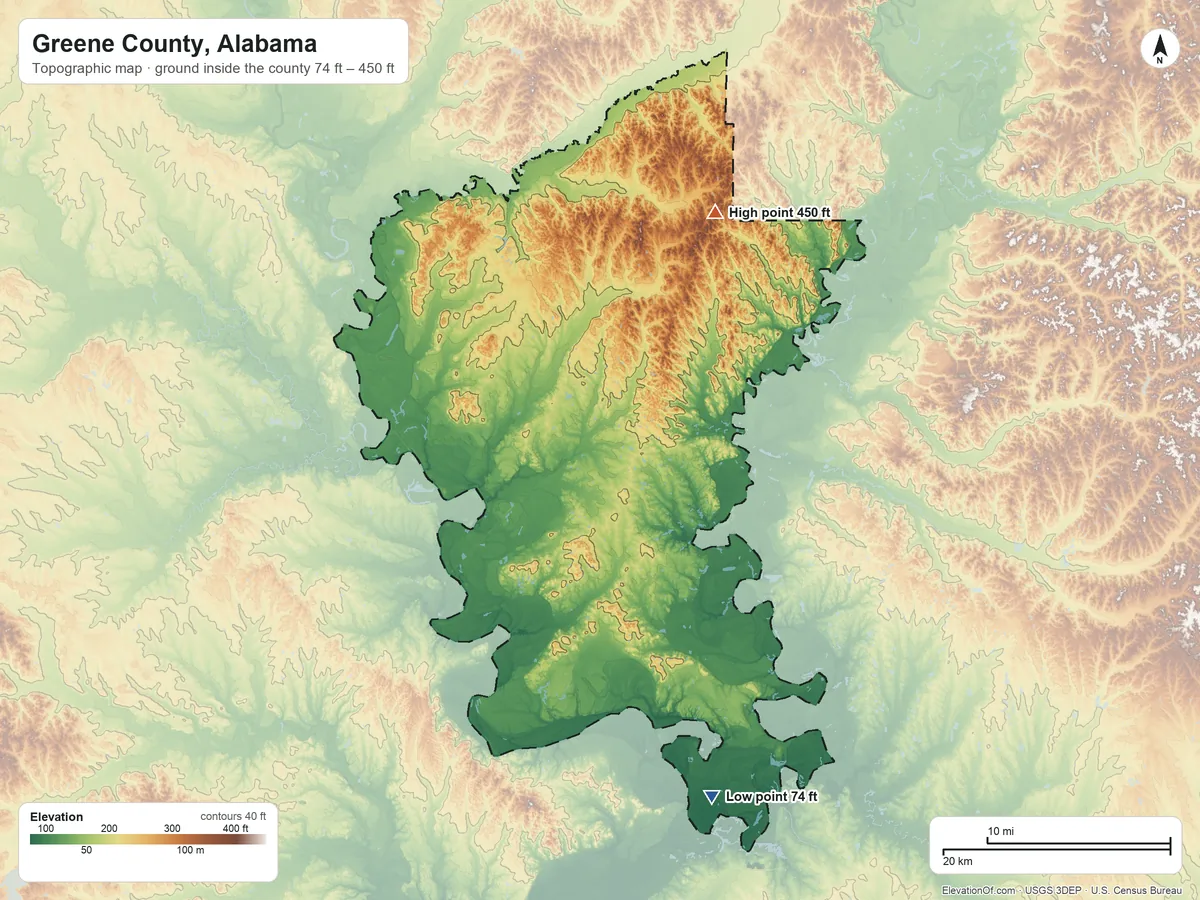 Topographic elevation map of Greene County, Alabama, shaded from 74 ft on the south side to 450 ft on the northeast side