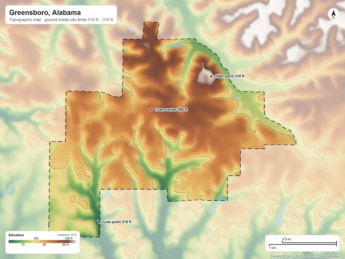 Topographic elevation map of Greensboro, Alabama, shaded from 210 ft on the southwest side to 310 ft on the northeast side
