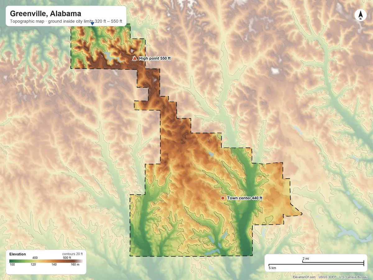 Topographic elevation map of Greenville, Alabama, shaded from 320 ft on the northwest side to 550 ft on the northwest side