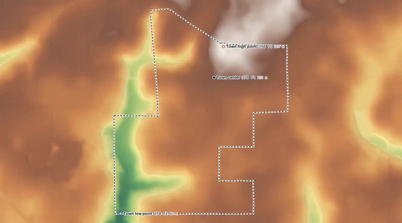 Topographic elevation map of Grimes, Alabama, shaded from 270 ft on the southwest side to 390 ft on the north side