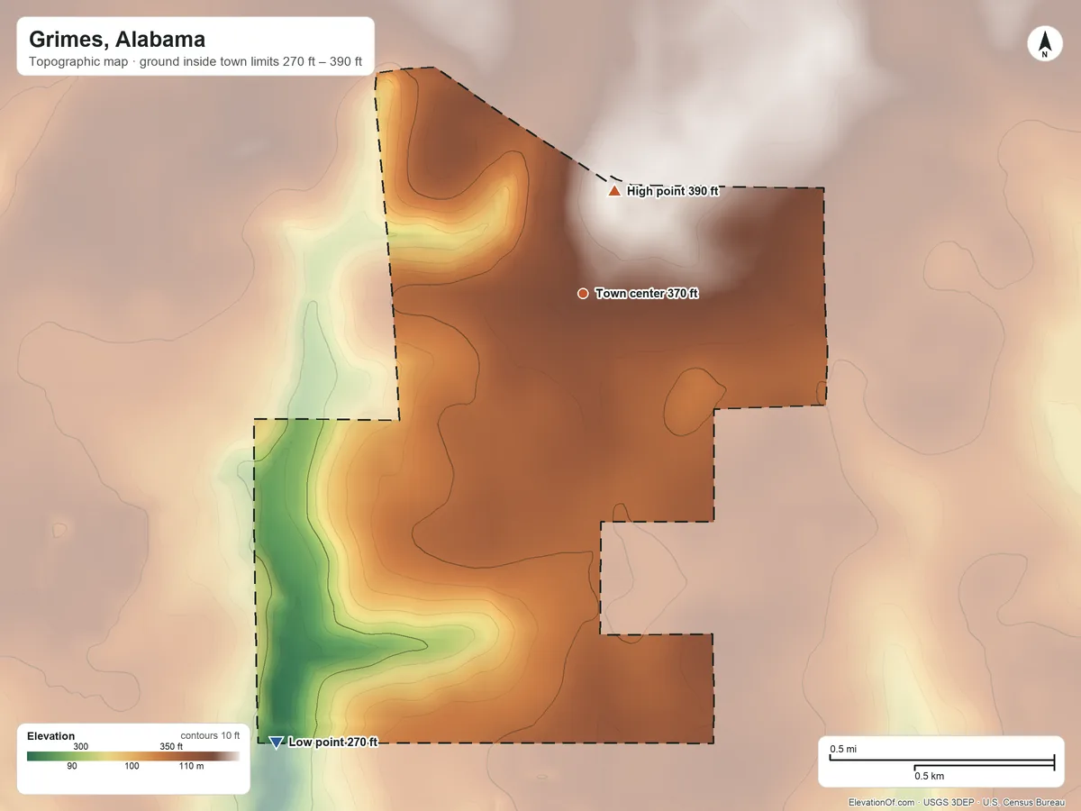 Topographic elevation map of Grimes, Alabama, shaded from 270 ft on the southwest side to 390 ft on the north side