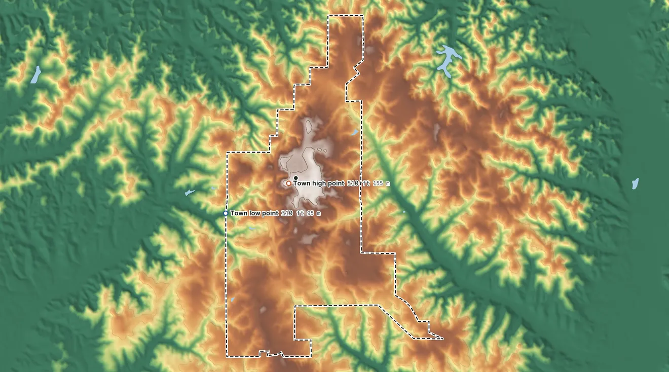 Topographic elevation map of Grove Hill, Alabama, shaded from 310 ft on the southwest side to 510 ft near the middle