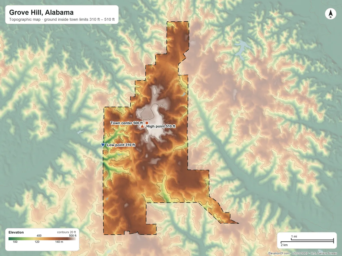 Topographic elevation map of Grove Hill, Alabama, shaded from 310 ft on the southwest side to 510 ft near the middle