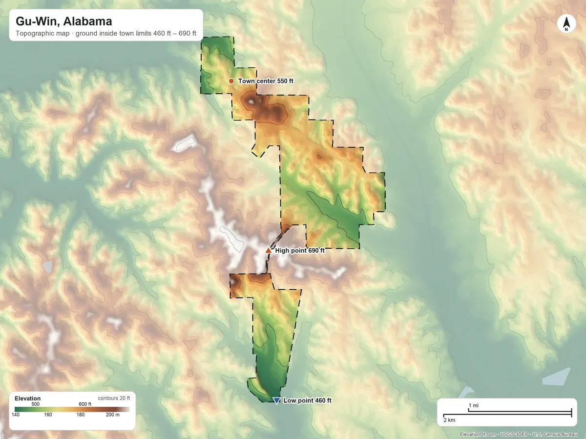 Topographic elevation map of Gu-Win, Alabama, shaded from 460 ft on the south side to 690 ft on the south side