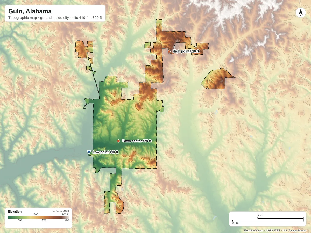 Topographic elevation map of Guin, Alabama, shaded from 410 ft on the west side to 820 ft on the northeast side