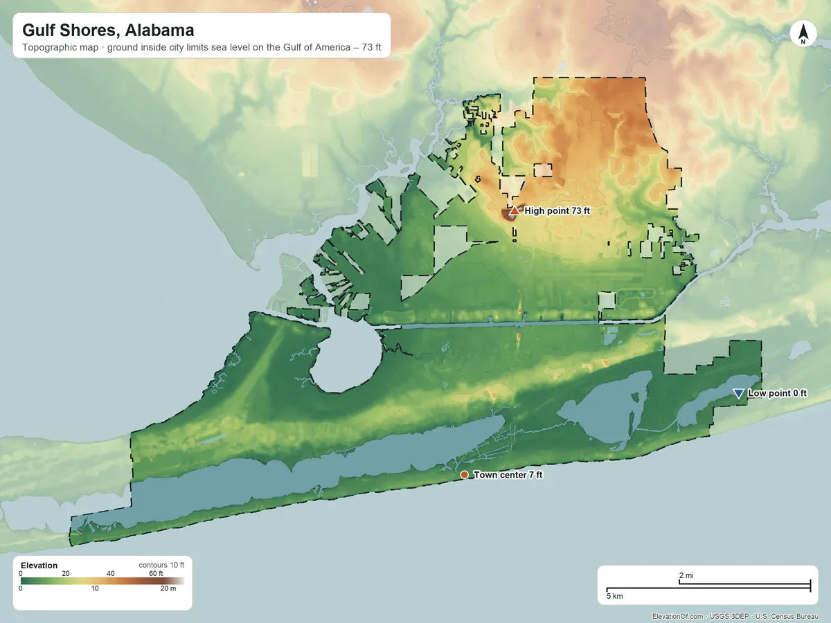 Topographic elevation map of Gulf Shores, Alabama, shaded from sea level level on the Gulf of America to 73 ft on the north side