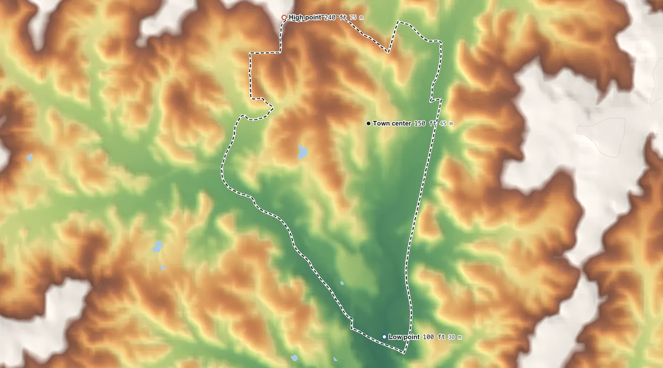 Topographic elevation map of Gulfcrest, Alabama, shaded from 100 ft on the south side to 240 ft on the northwest side
