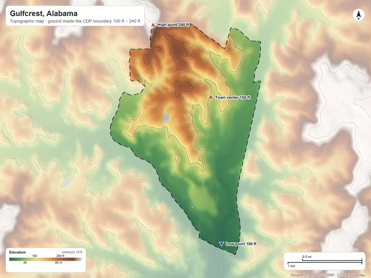 Topographic elevation map of Gulfcrest, Alabama, shaded from 100 ft on the south side to 240 ft on the northwest side