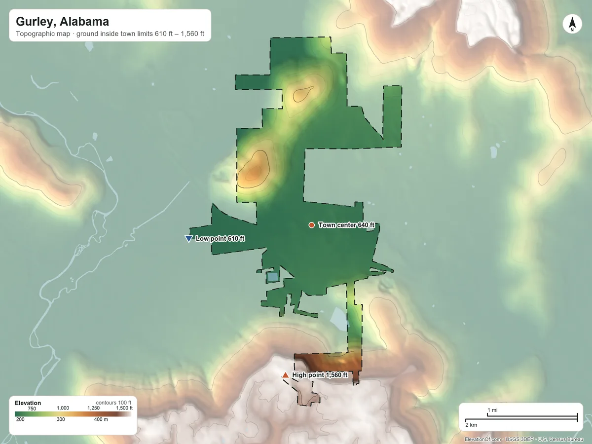 Topographic elevation map of Gurley, Alabama, shaded from 610 ft on the west side to 1,560 ft on the south side