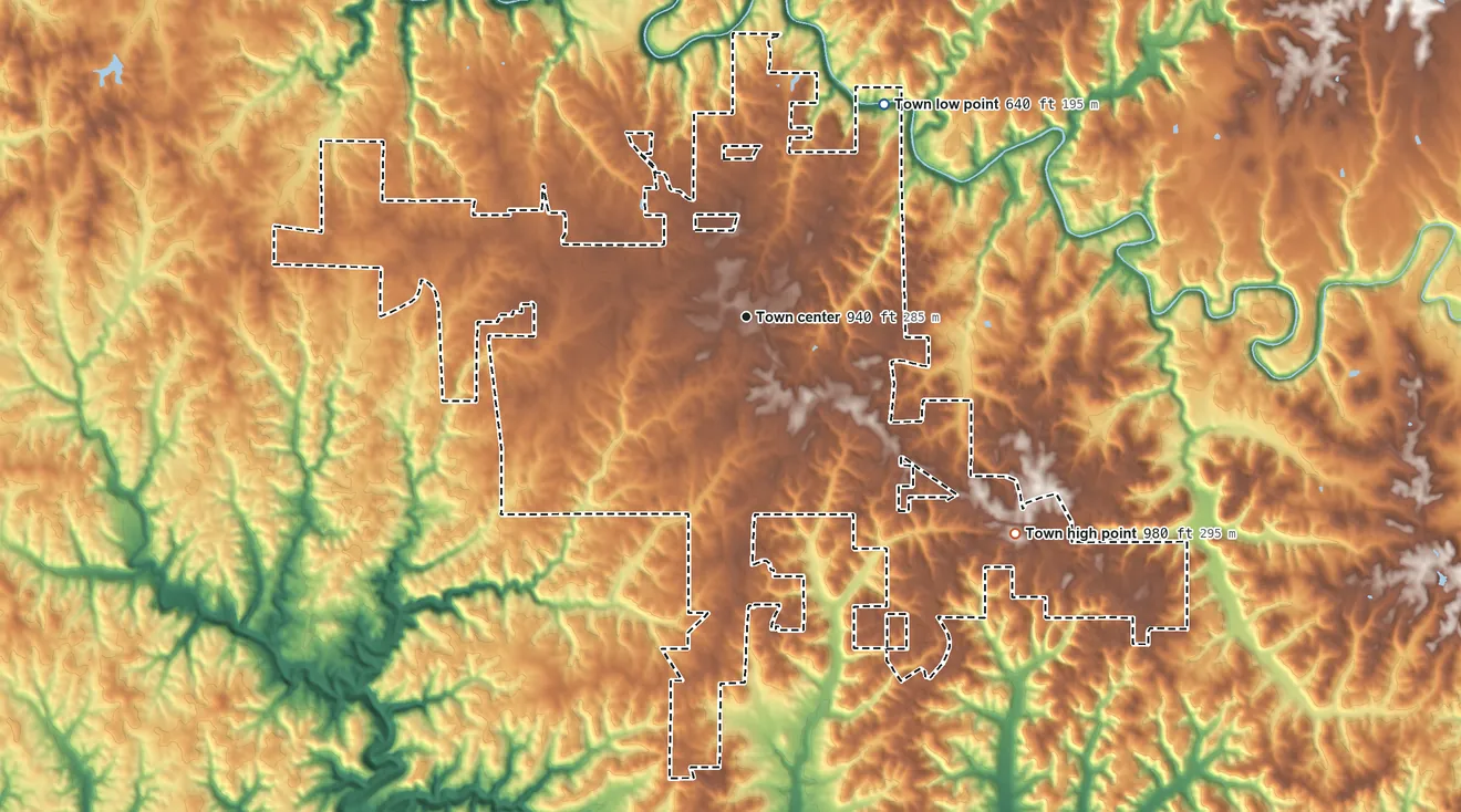 Topographic elevation map of Hackleburg, Alabama, shaded from 640 ft on the northeast side to 980 ft on the southeast side